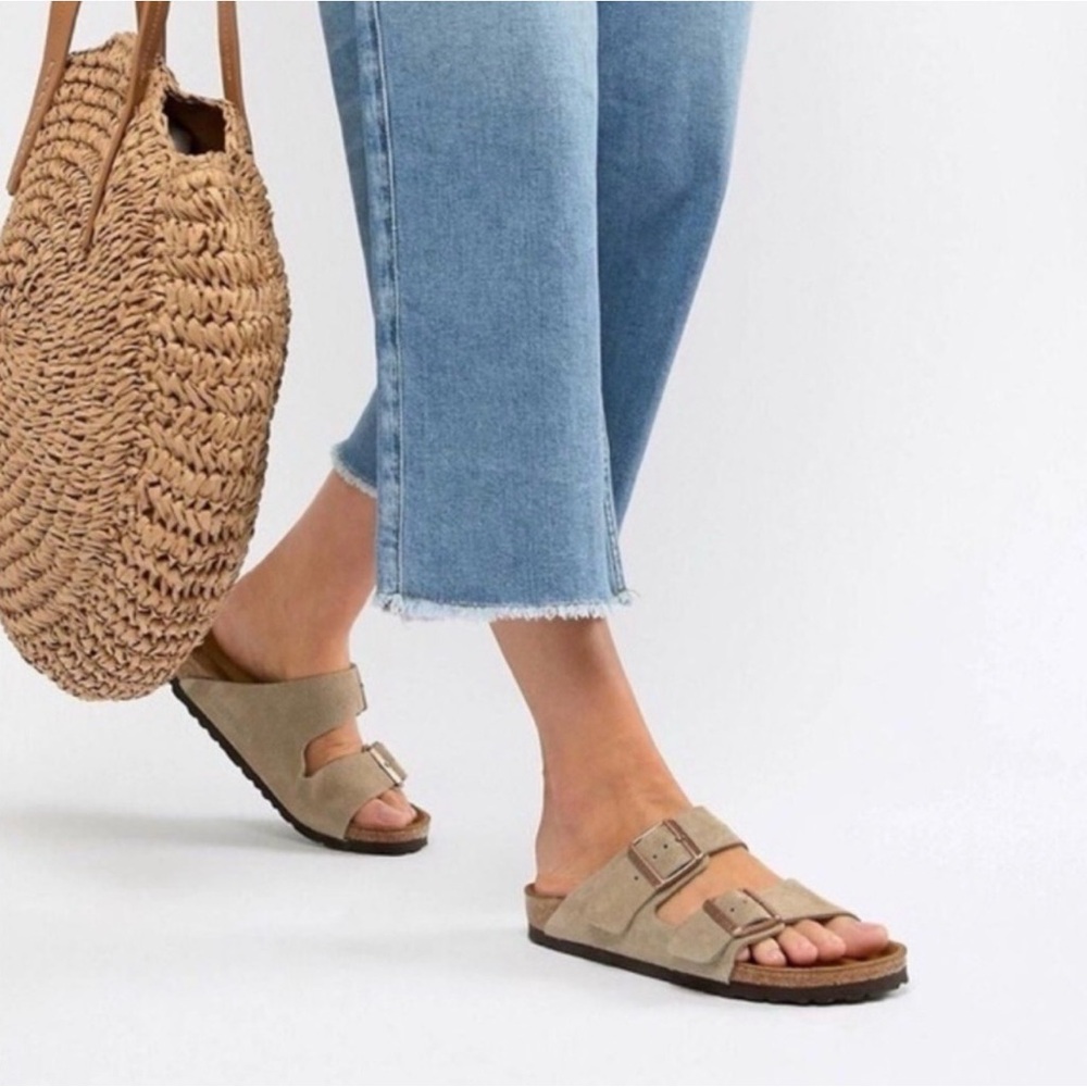 Birkenstock Betula Arizona Double Strap Taupe Tan Suede Sandals Size 7 / 38 EU - Picture 2 of 12